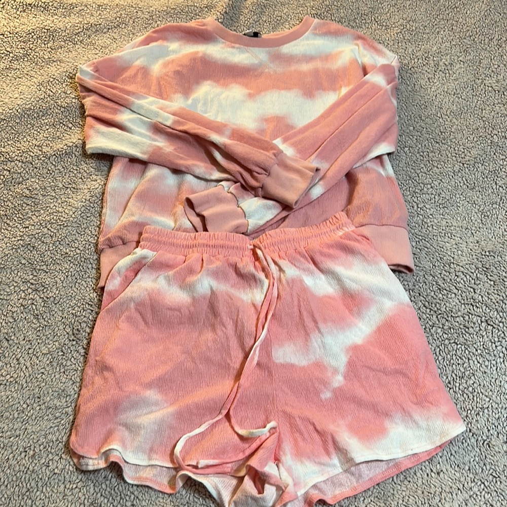 Tie dye outfit sweatshirt shorts pink whichever acid wash long sleeve